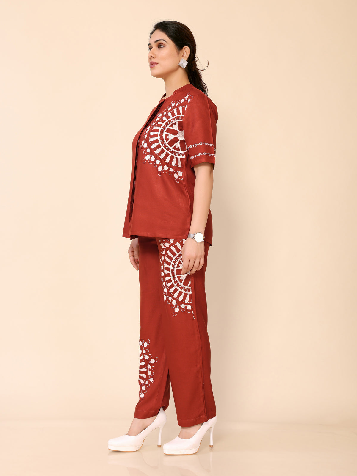 Orangey Red Embroidery Cotton Co-ords Set