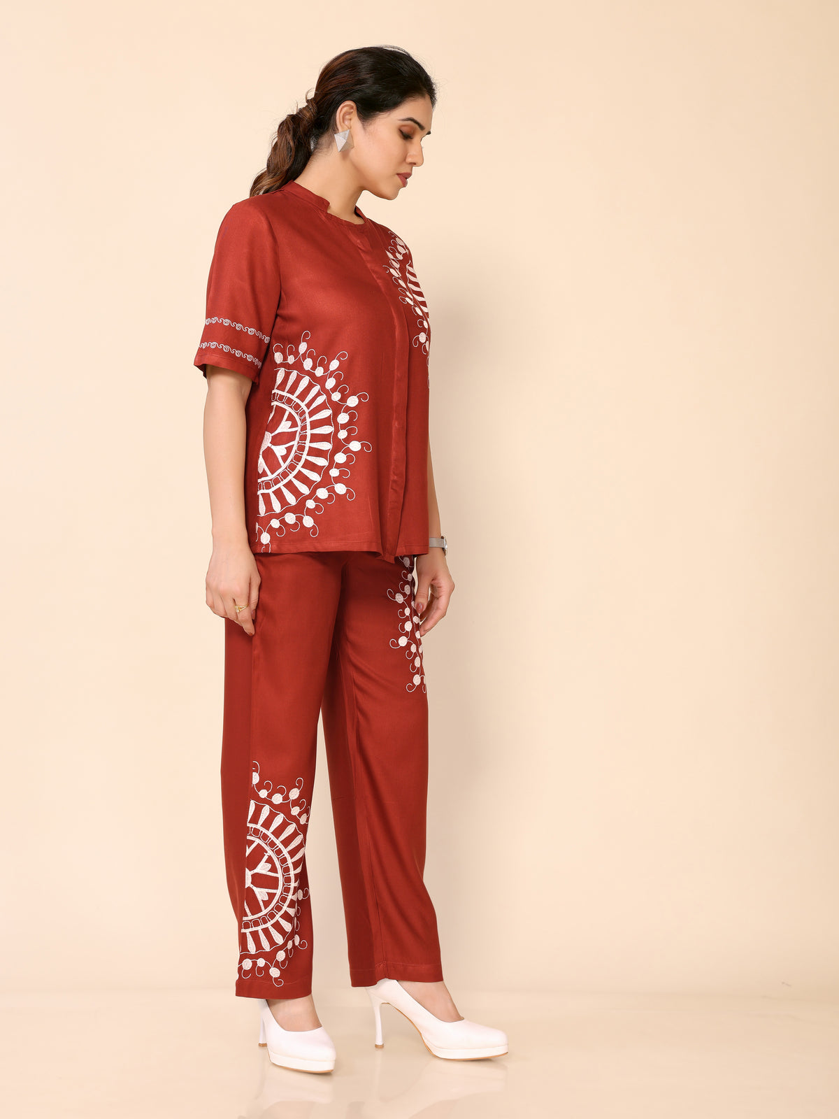 Orangey Red Embroidery Cotton Co-ords Set