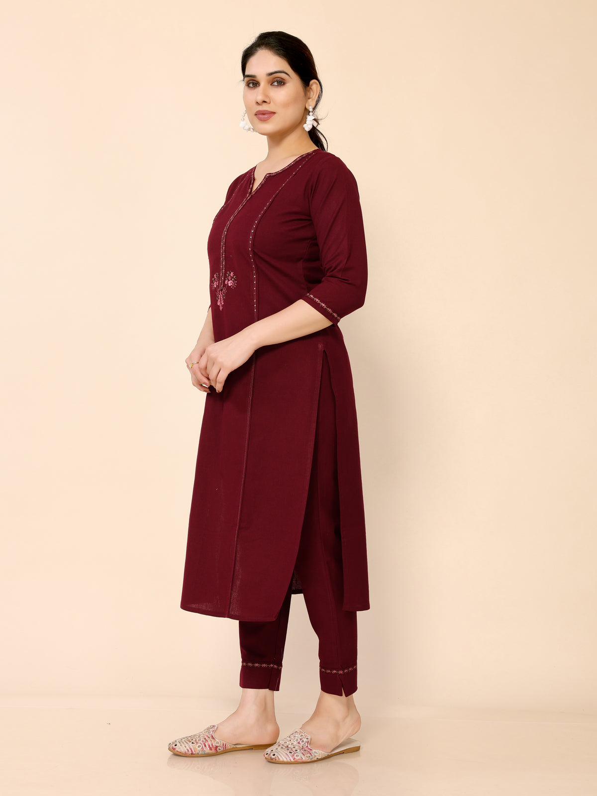 Maroon Floral Embroidery Cotton Kurta with Trouser Pant
