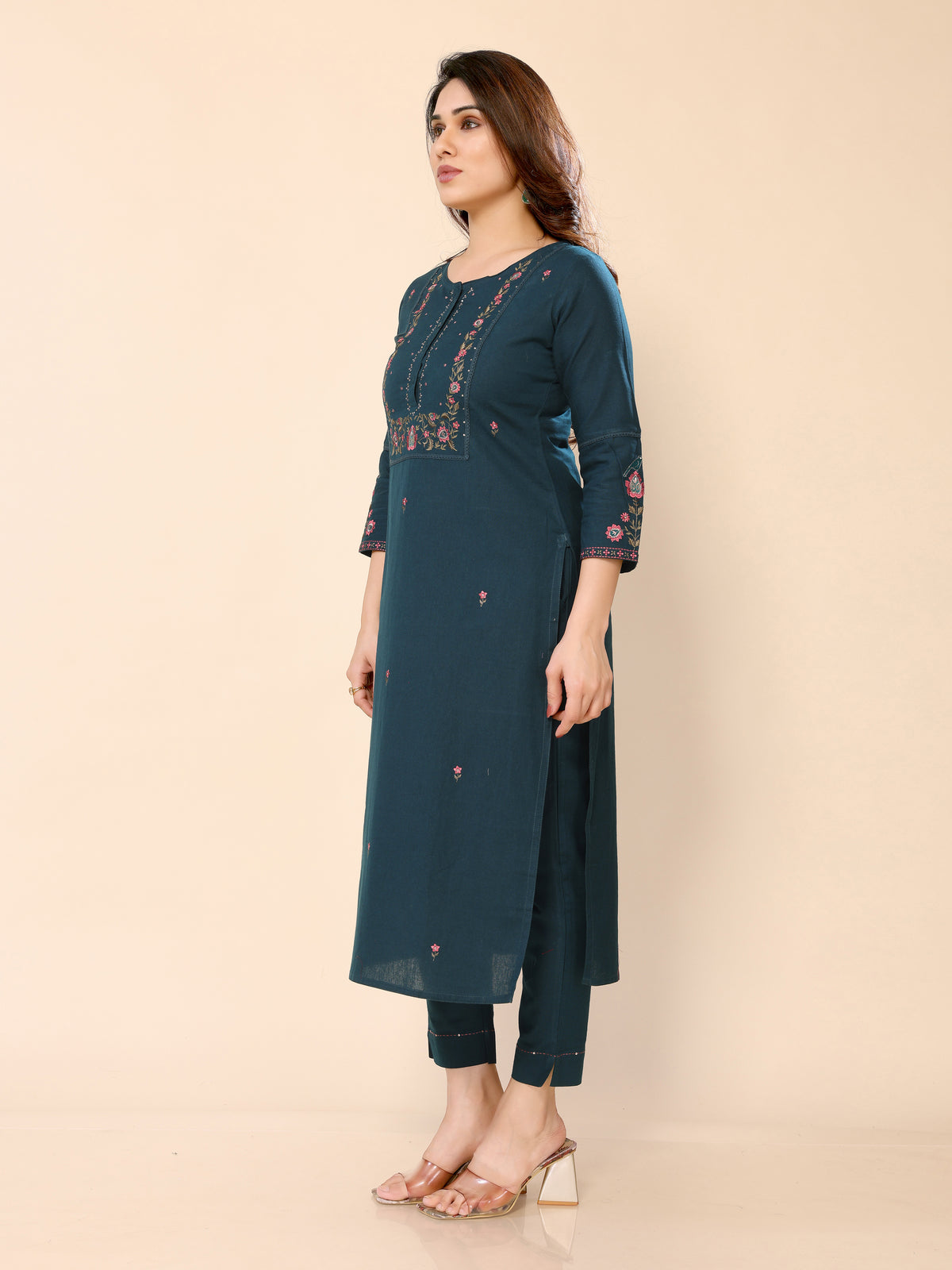 Teal Blue Floral Embroidery Cotton Kurta with Trouser Pant