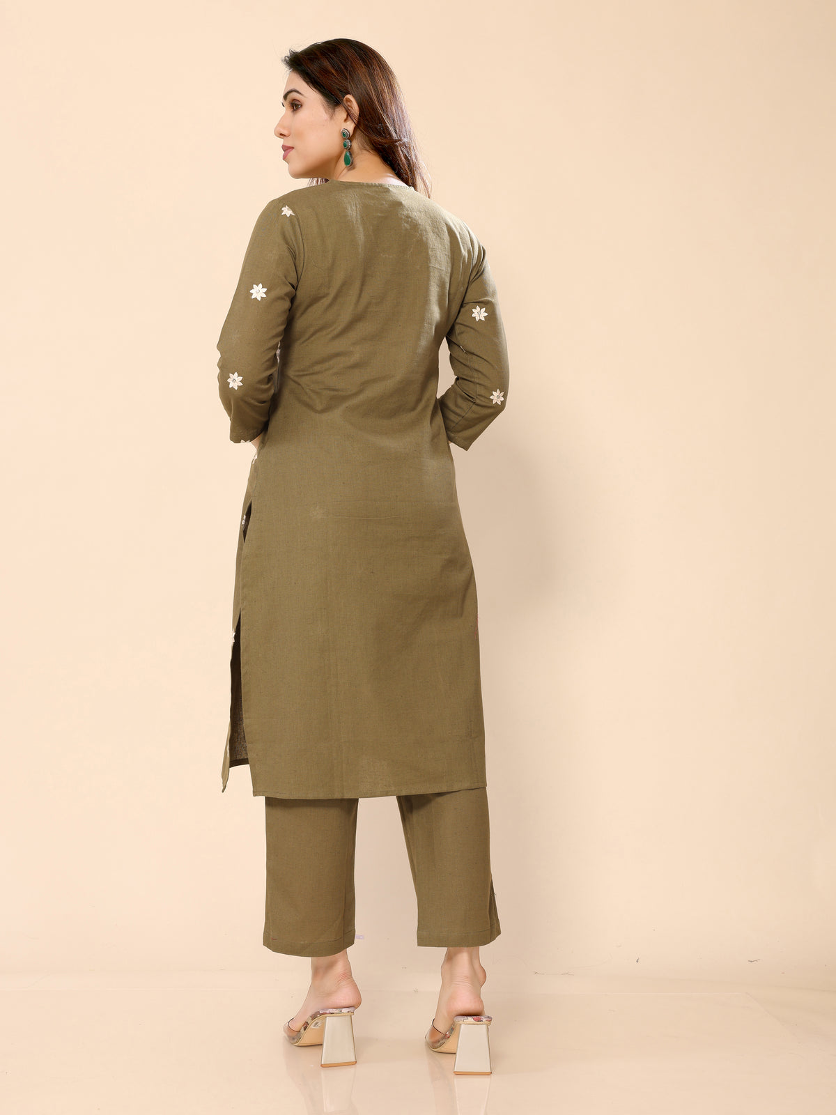 Green Floral Embroidered Cotton Kurta with Trouser Pant