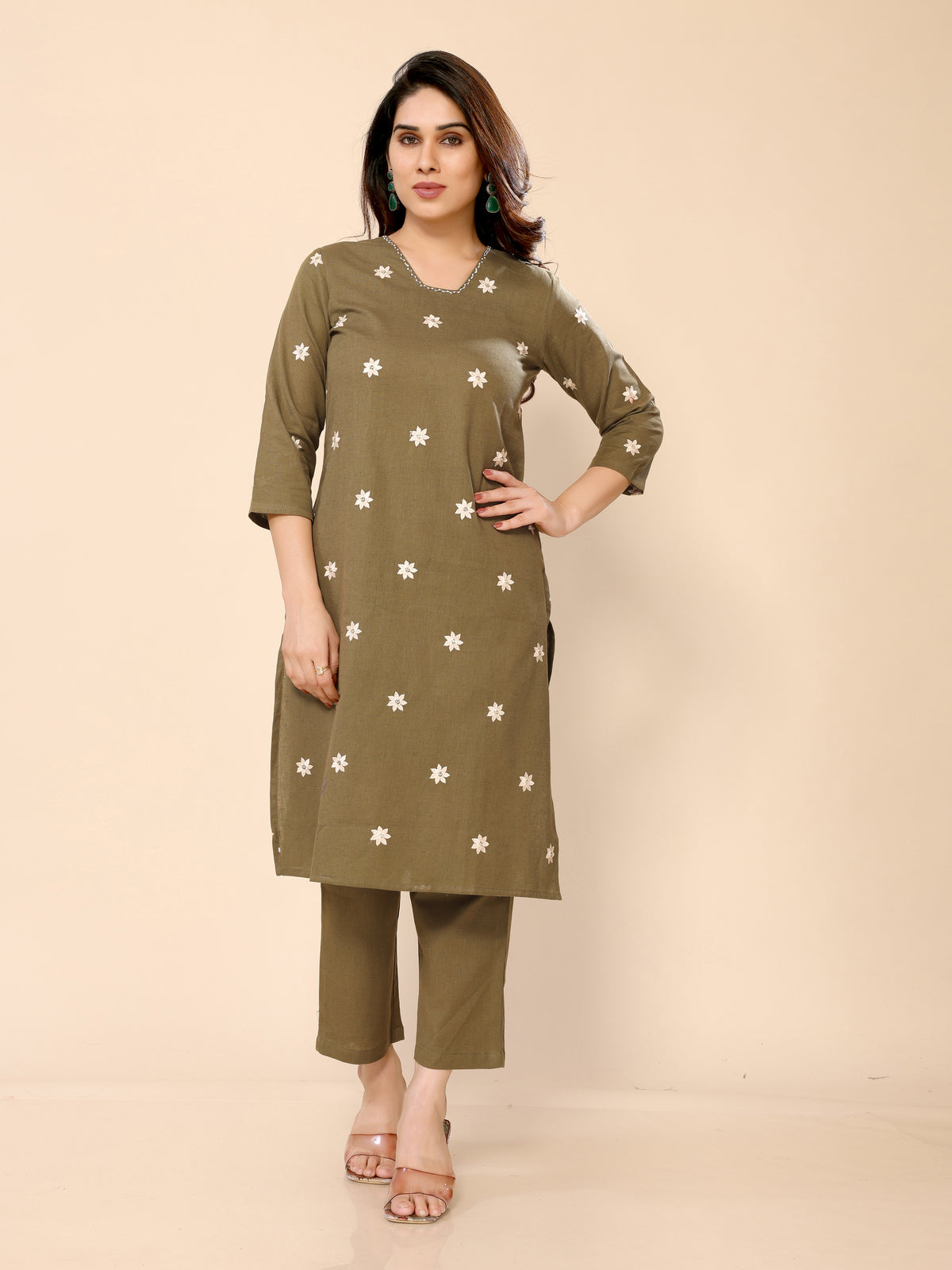 Green Floral Embroidered Cotton Kurta with Trouser Pant