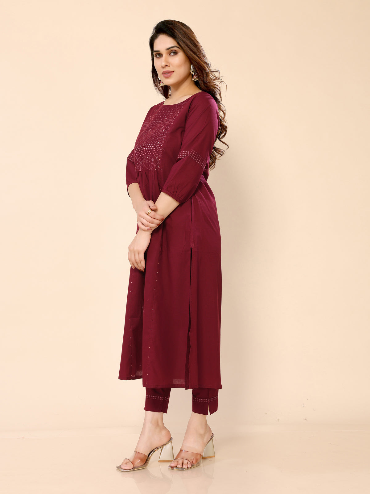 Maroon Yoke Embroidery Sequined Cotton Kurta with Trouser Pant