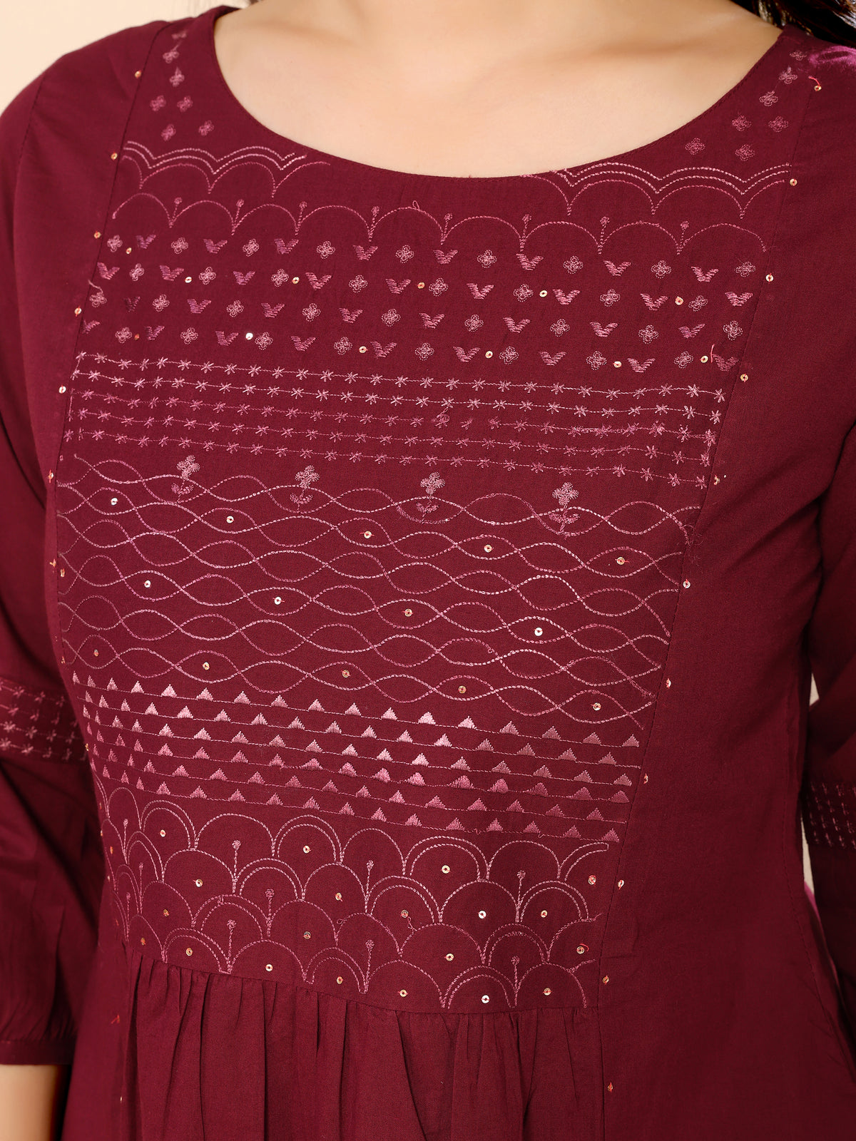 Maroon Yoke Embroidery Sequined Cotton Kurta with Trouser Pant