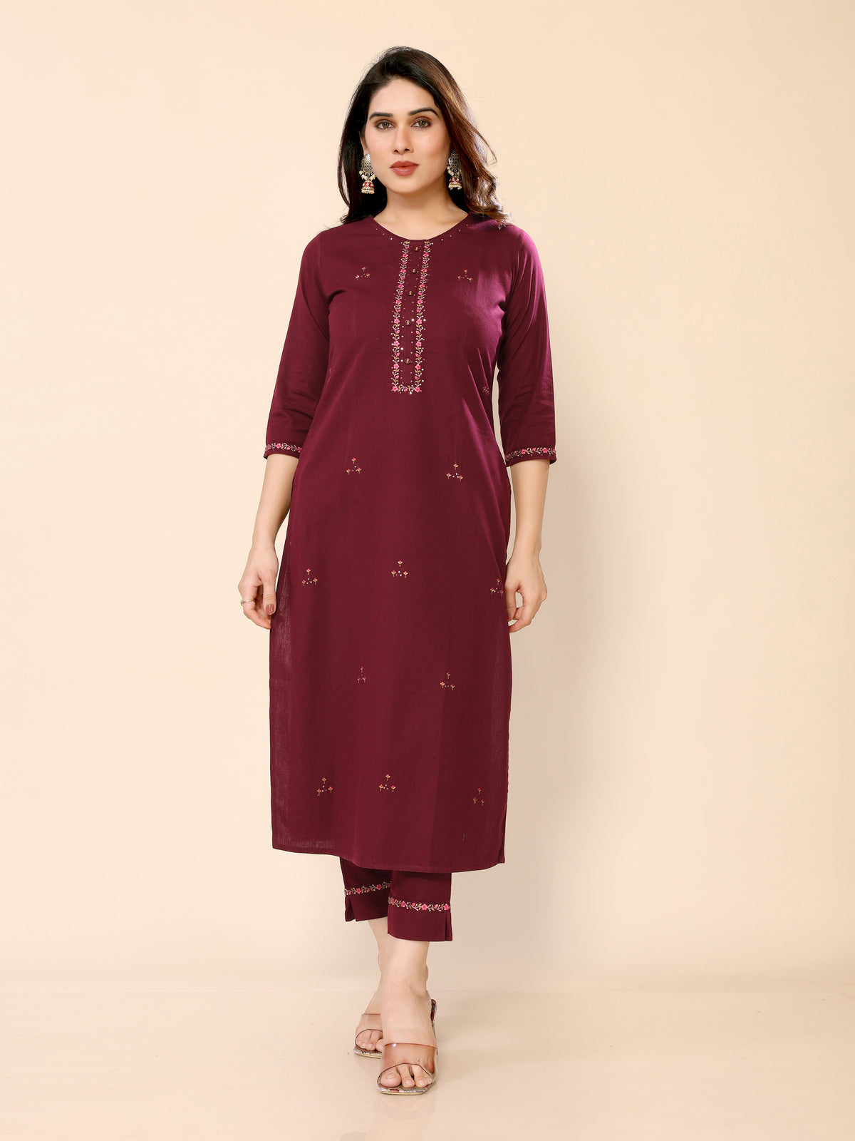 Maroon Floral Embroidery Cotton Kurta with Trouser Pant