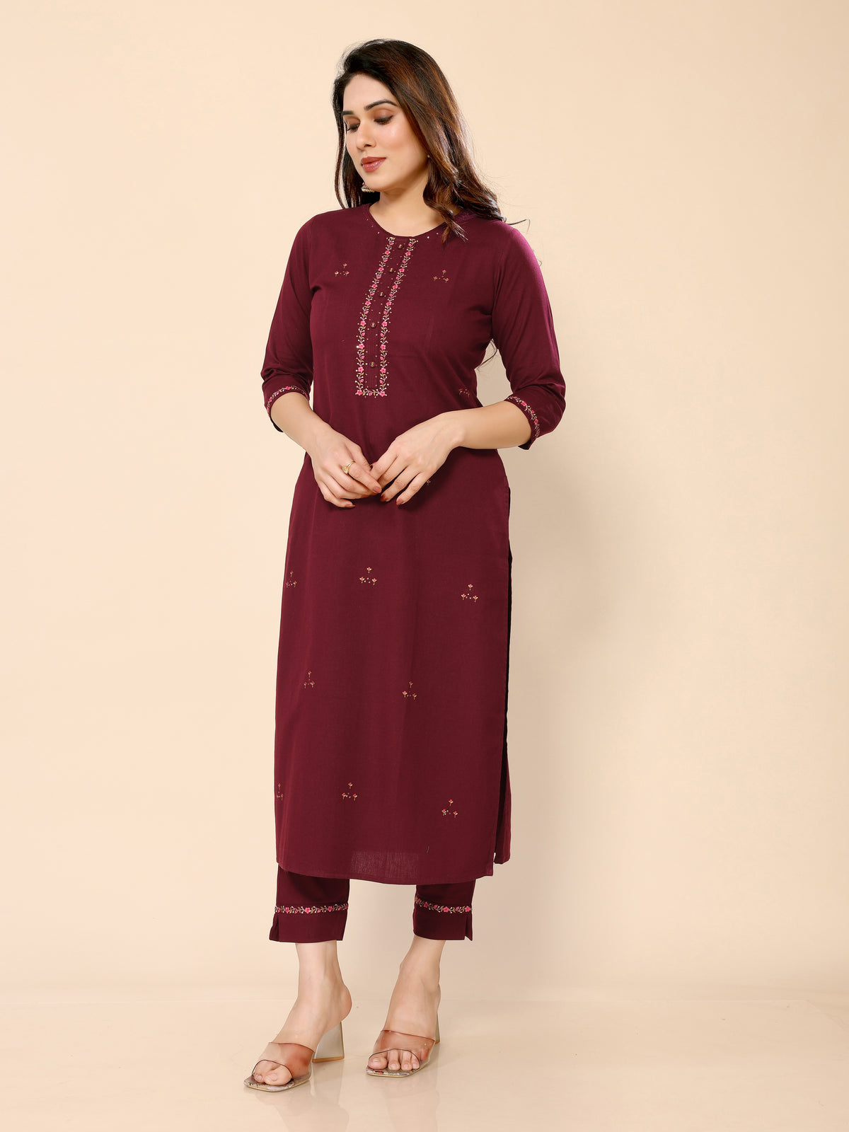 Maroon Floral Embroidery Cotton Kurta with Trouser Pant