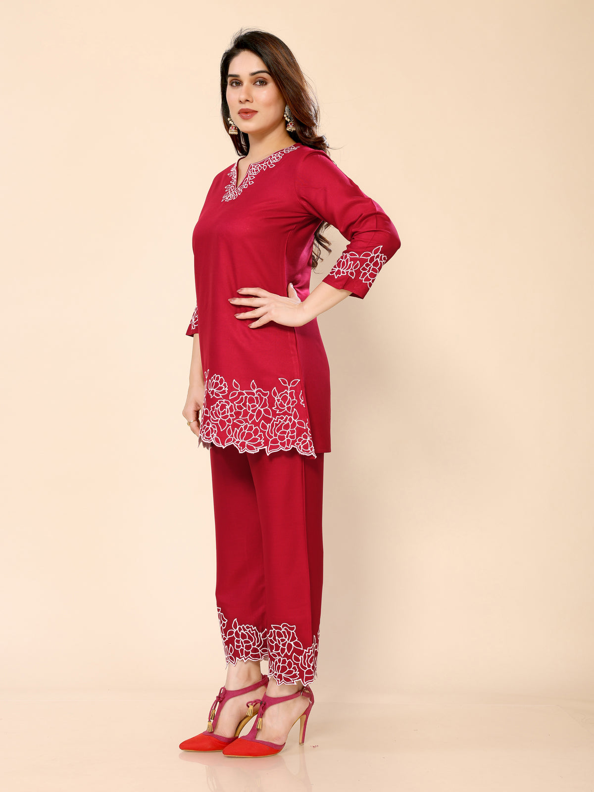 Red Floral Embroidery Cotton Co-ords Set