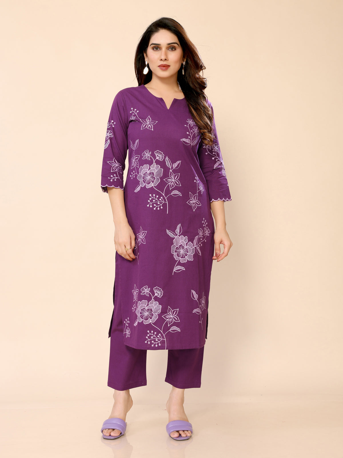 Purple Floral Embroidered Cotton Kurta with Trouser Pant