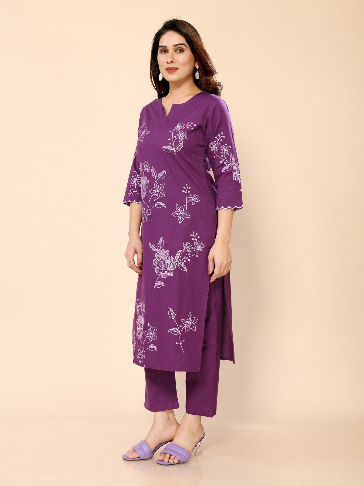 Purple Floral Embroidered Cotton Kurta with Trouser Pant