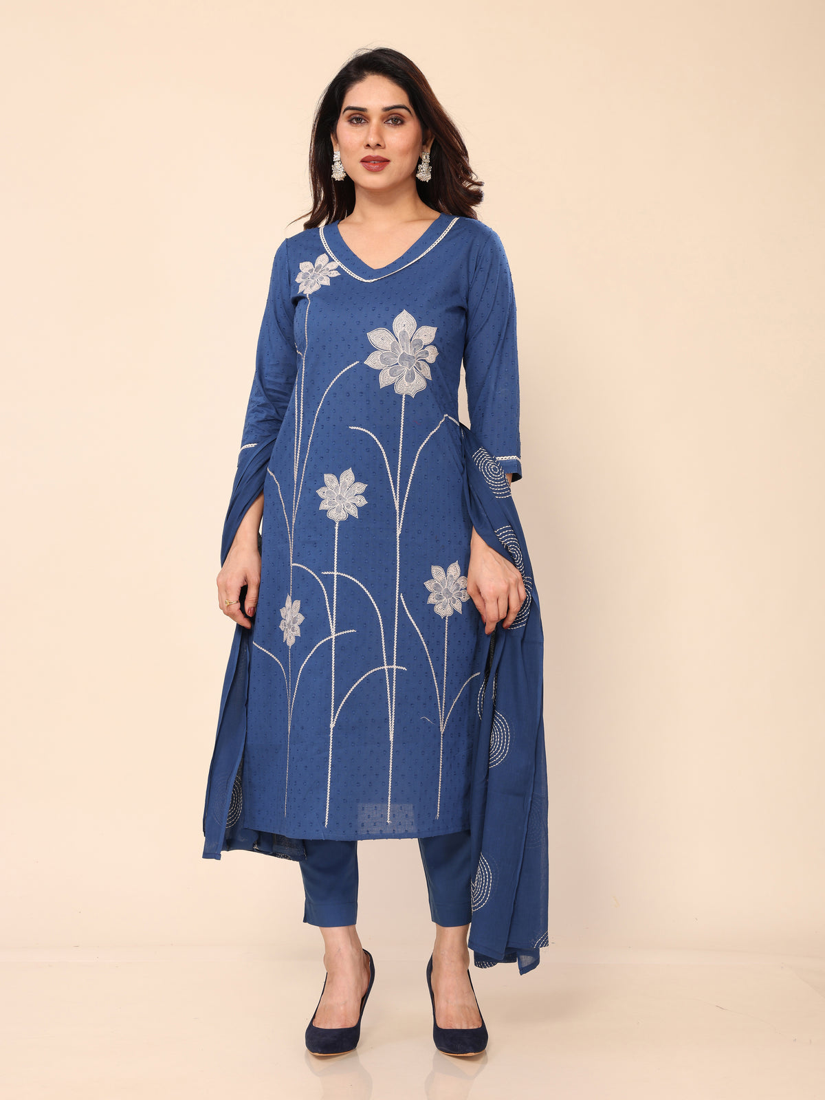 Navy Blue Floral Embroidery Kurta Pant & Dupatta Set