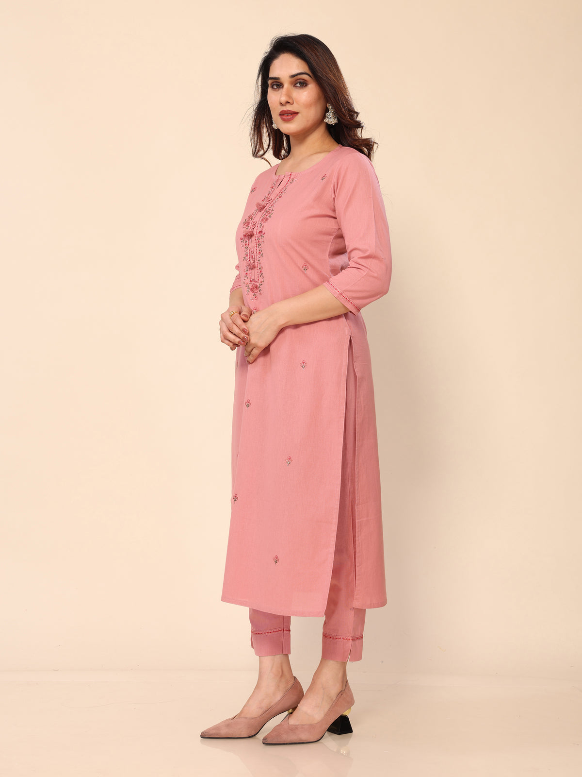 Pink Floral Embroidered Cotton Kurta with Trouser Pant
