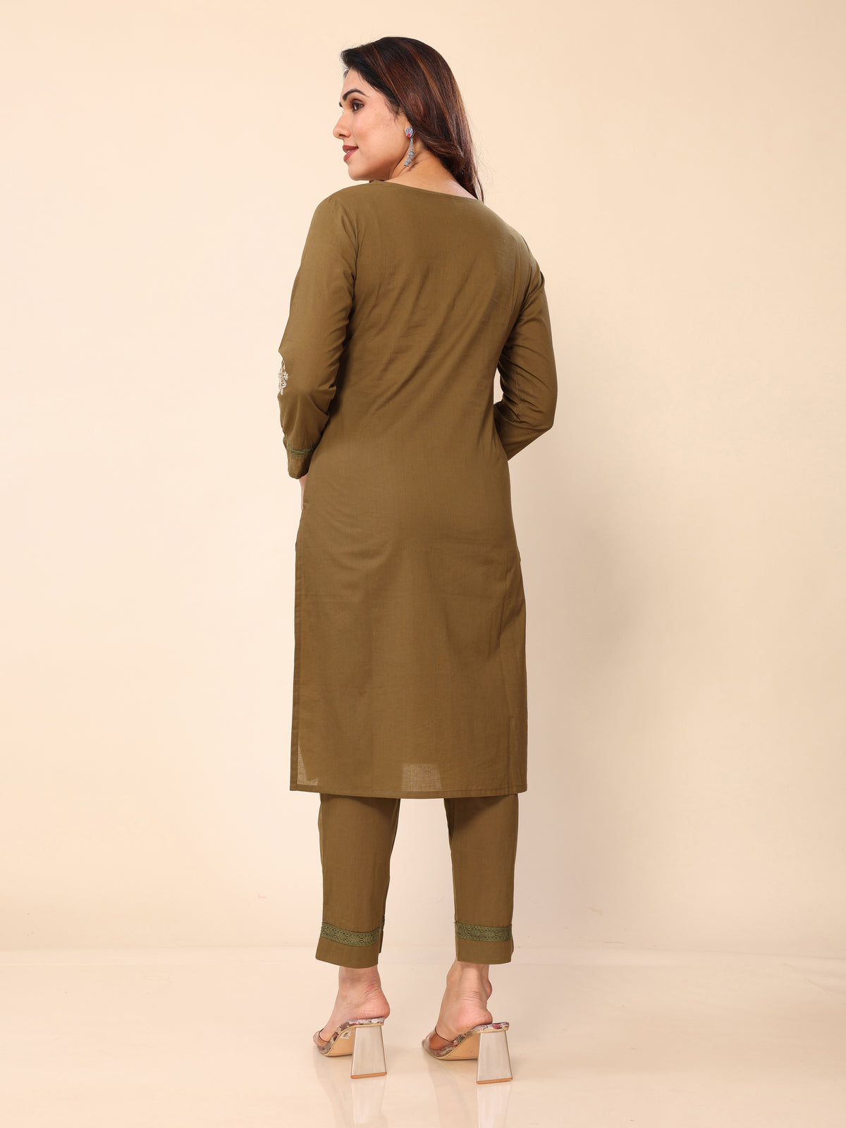 Mehendi Green Floral Embroidered Cotton Kurta with Trouser Pant