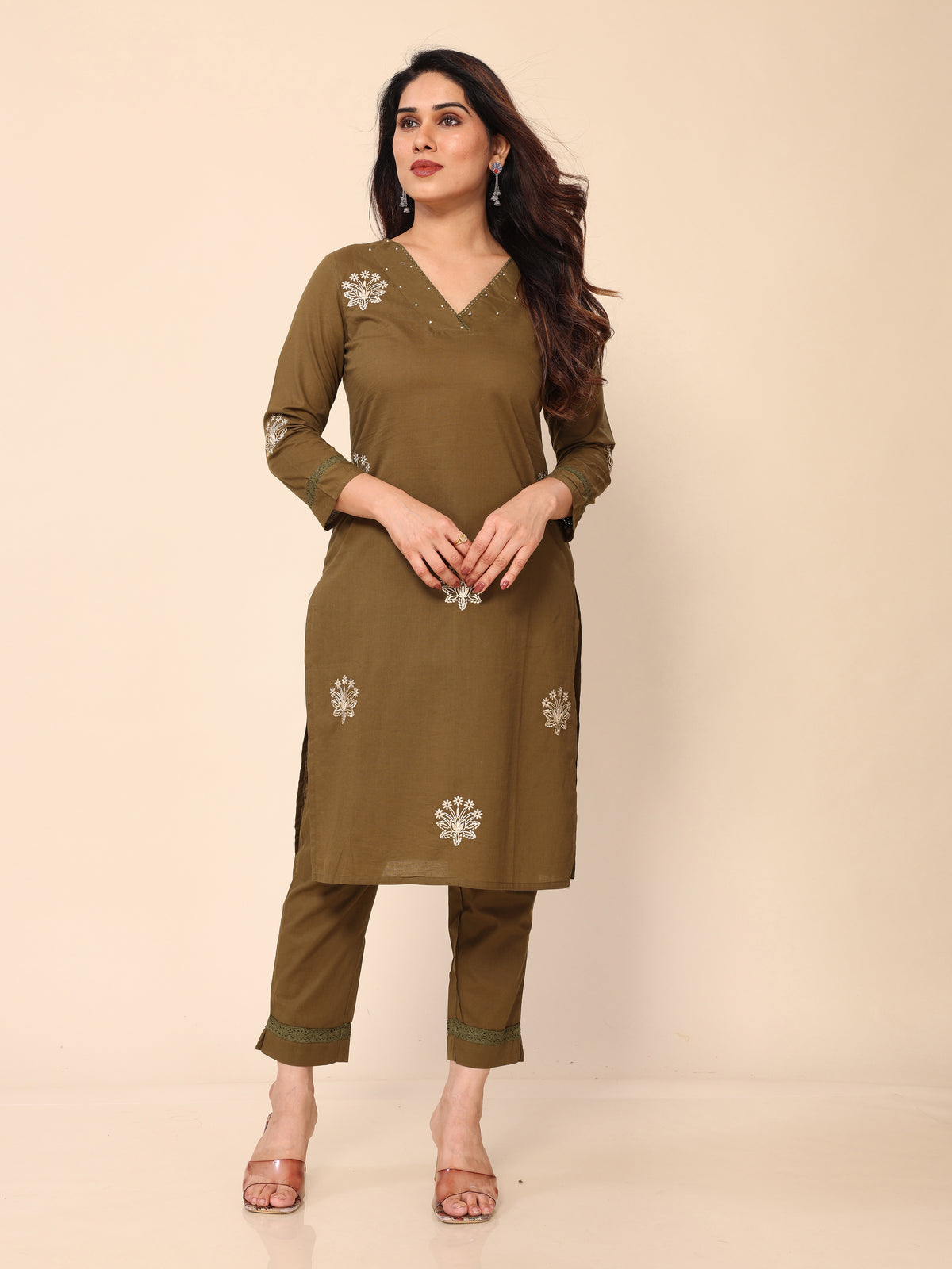 Mehendi Green Floral Embroidered Cotton Kurta with Trouser Pant