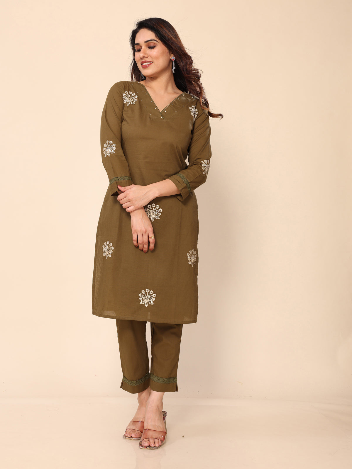 Mehendi Green Floral Embroidered Cotton Kurta with Trouser Pant