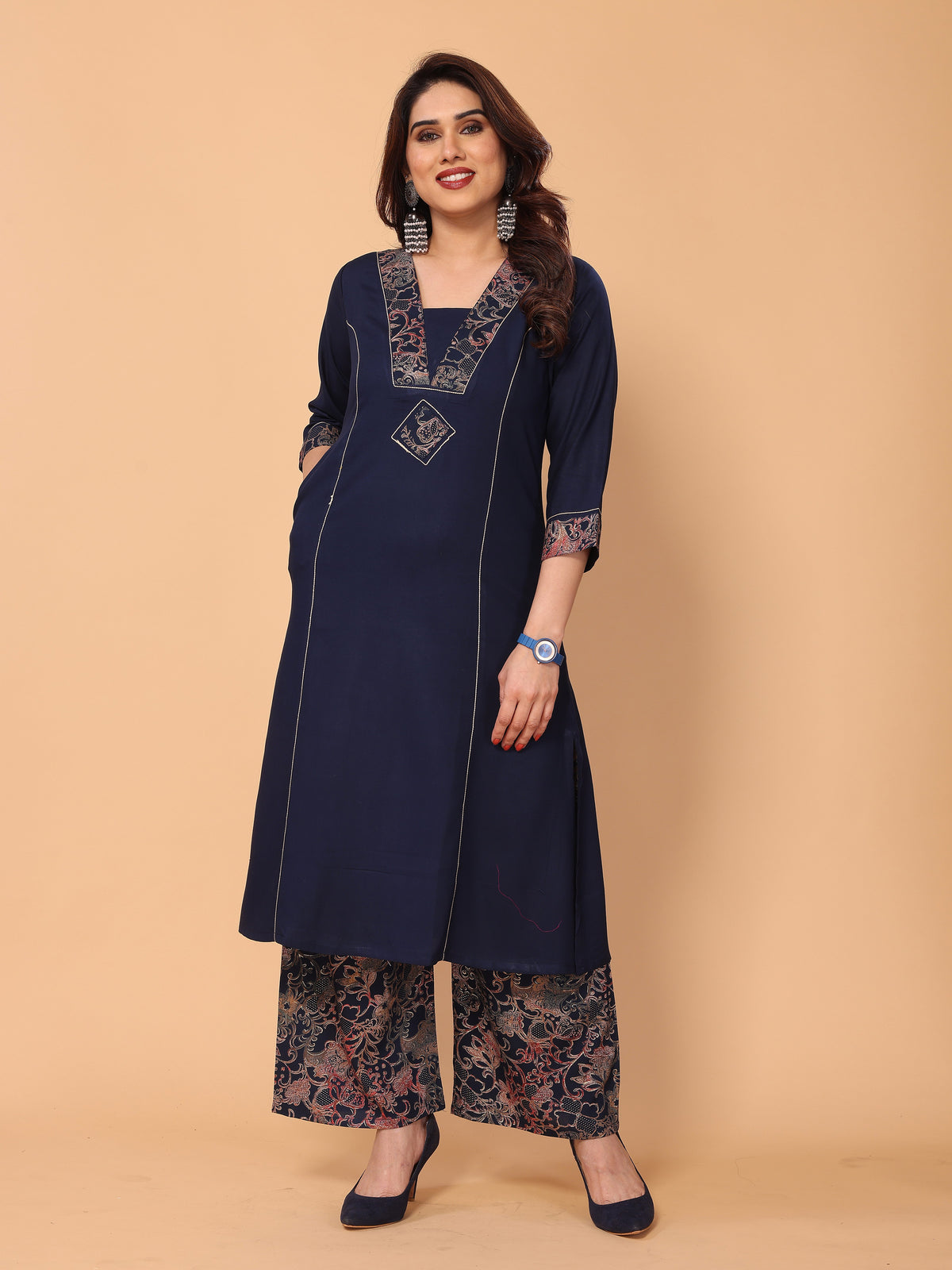 Stylish Navy Blue V Neck Foil Printed Kurta Palazzo Set
