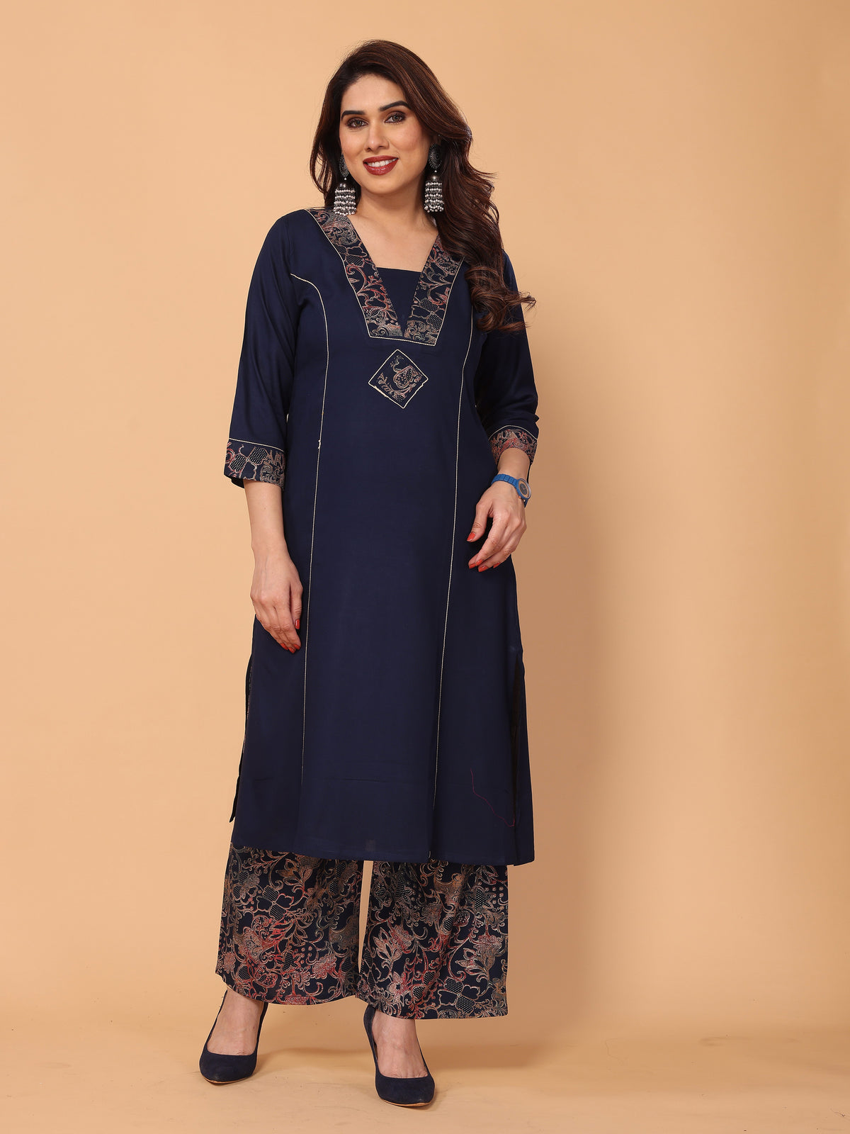 Stylish Navy Blue V Neck Foil Printed Kurta Palazzo Set