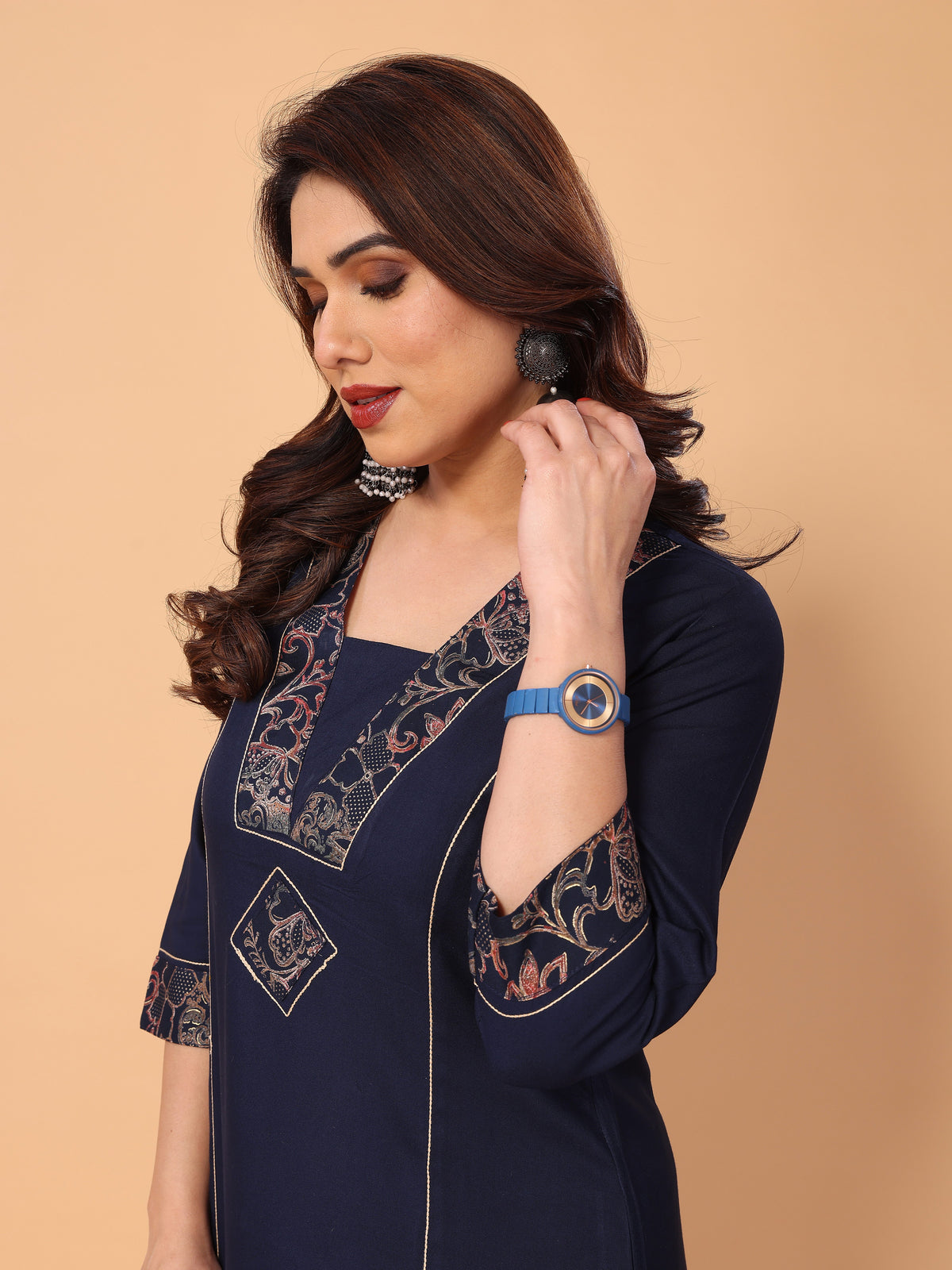Stylish Navy Blue V Neck Foil Printed Kurta Palazzo Set