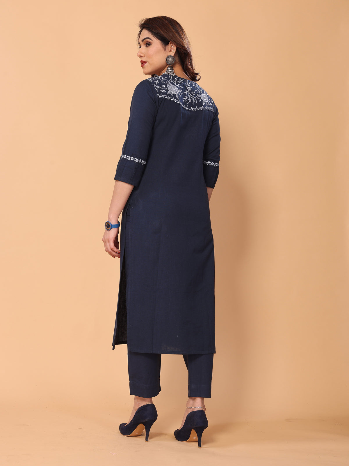 Graceful Navy Blue Floral Embroidery Cotton Kurta Pant Set