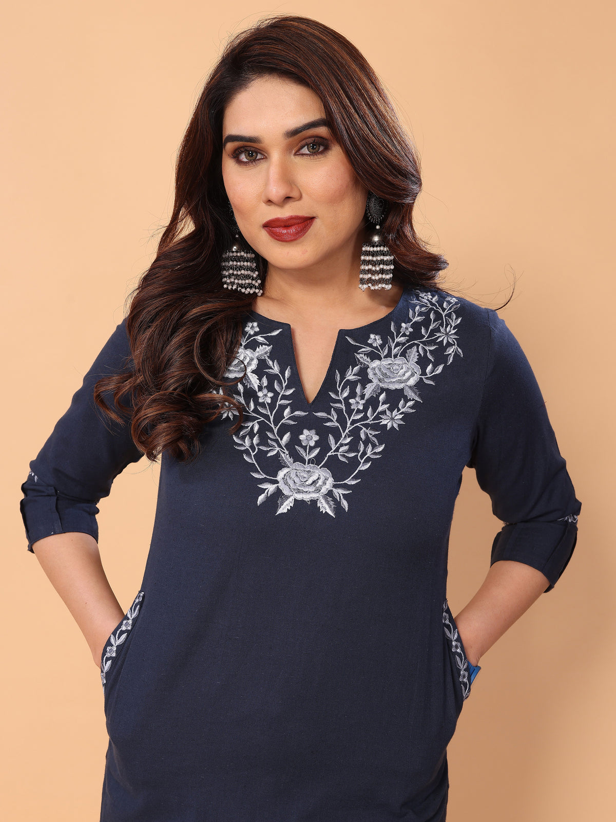 Graceful Navy Blue Floral Embroidery Cotton Kurta Pant Set
