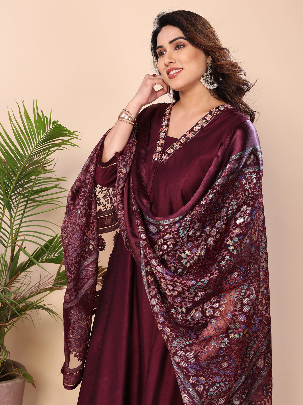 Floral Embroidered Notch Neck Zari Anarkali Kurta With Dhoti Pants & Dupatta