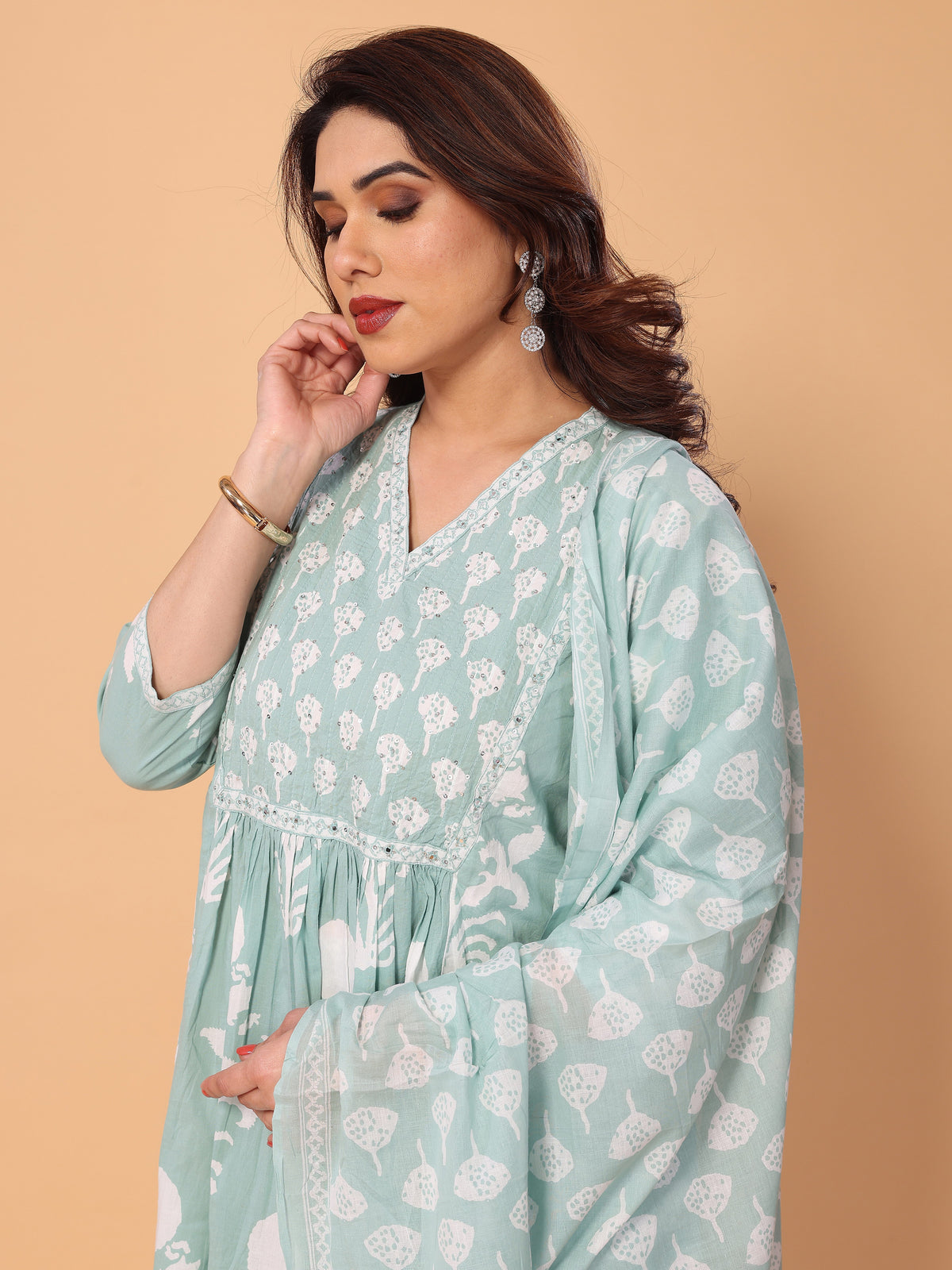 Fresh & Floral: Light Cyan Green Kurta Pant Set
