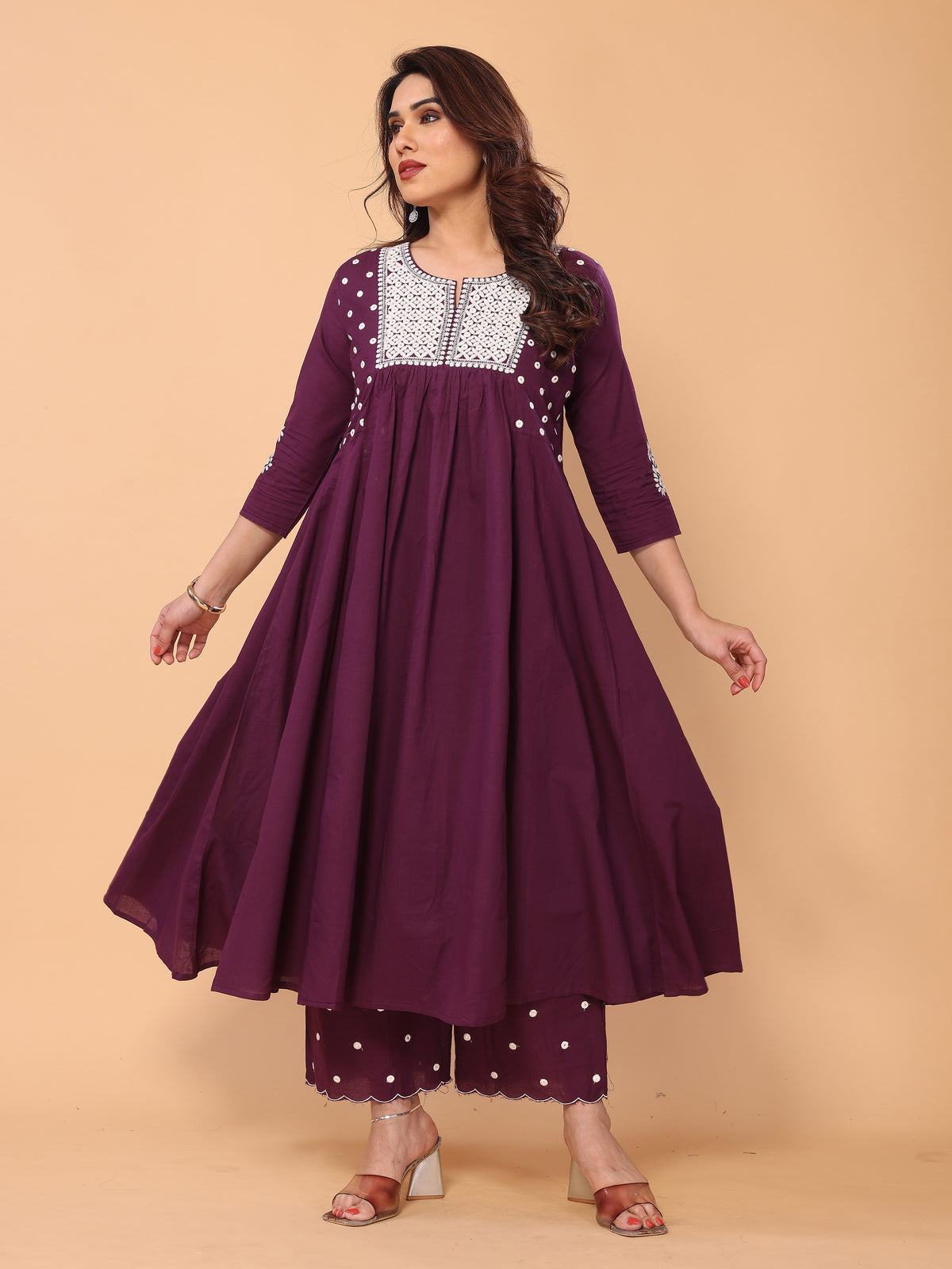 Wine Berry Flared A-Line Mirror Embellished Kurta Palazzo Set
