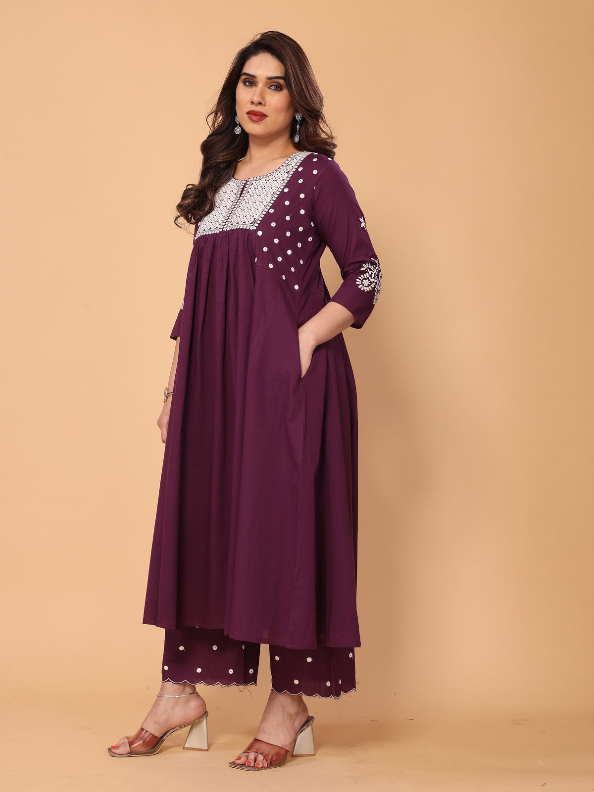 Wine Berry Flared A-Line Mirror Embellished Kurta Palazzo Set