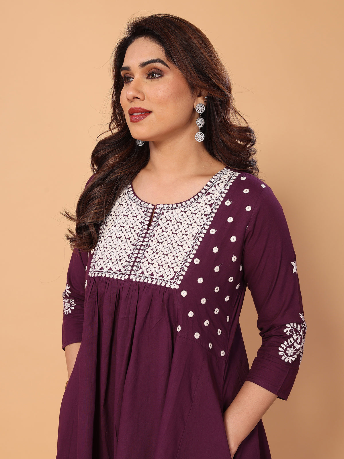Wine Berry Flared A-Line Mirror Embellished Kurta Palazzo Set