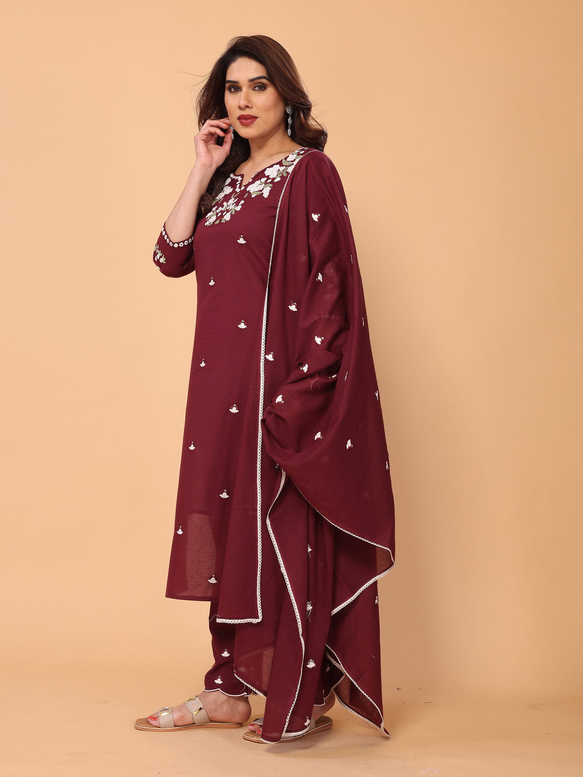 Elegant Wine Berry Floral Embroidered Kurta Pant Set