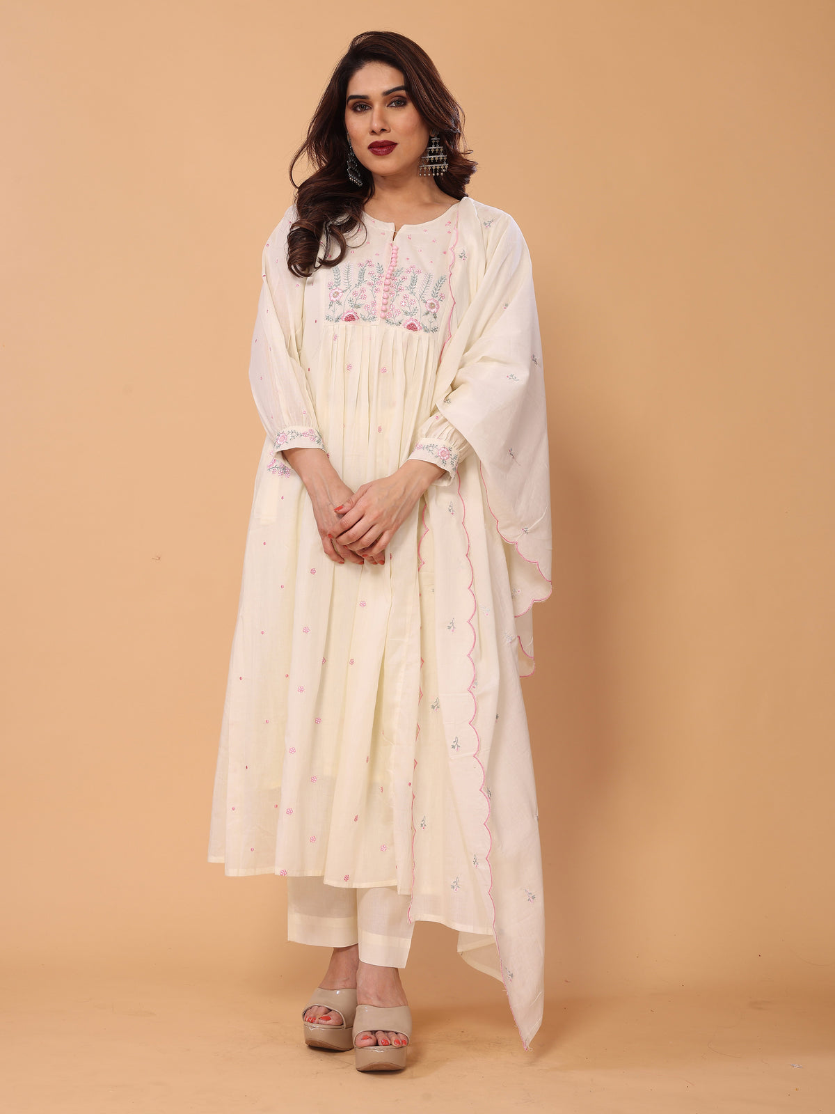 Cream Mul Cotton Embroidered Flared Kurta with Pant and Dupatta