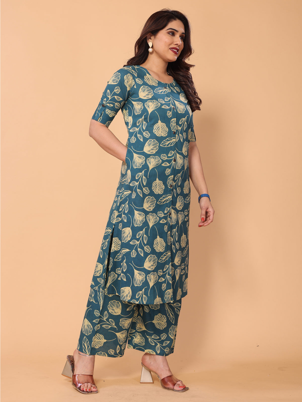 Cyan Blue Ethnic Floral Printed Cotton Kurta Palazzo Set