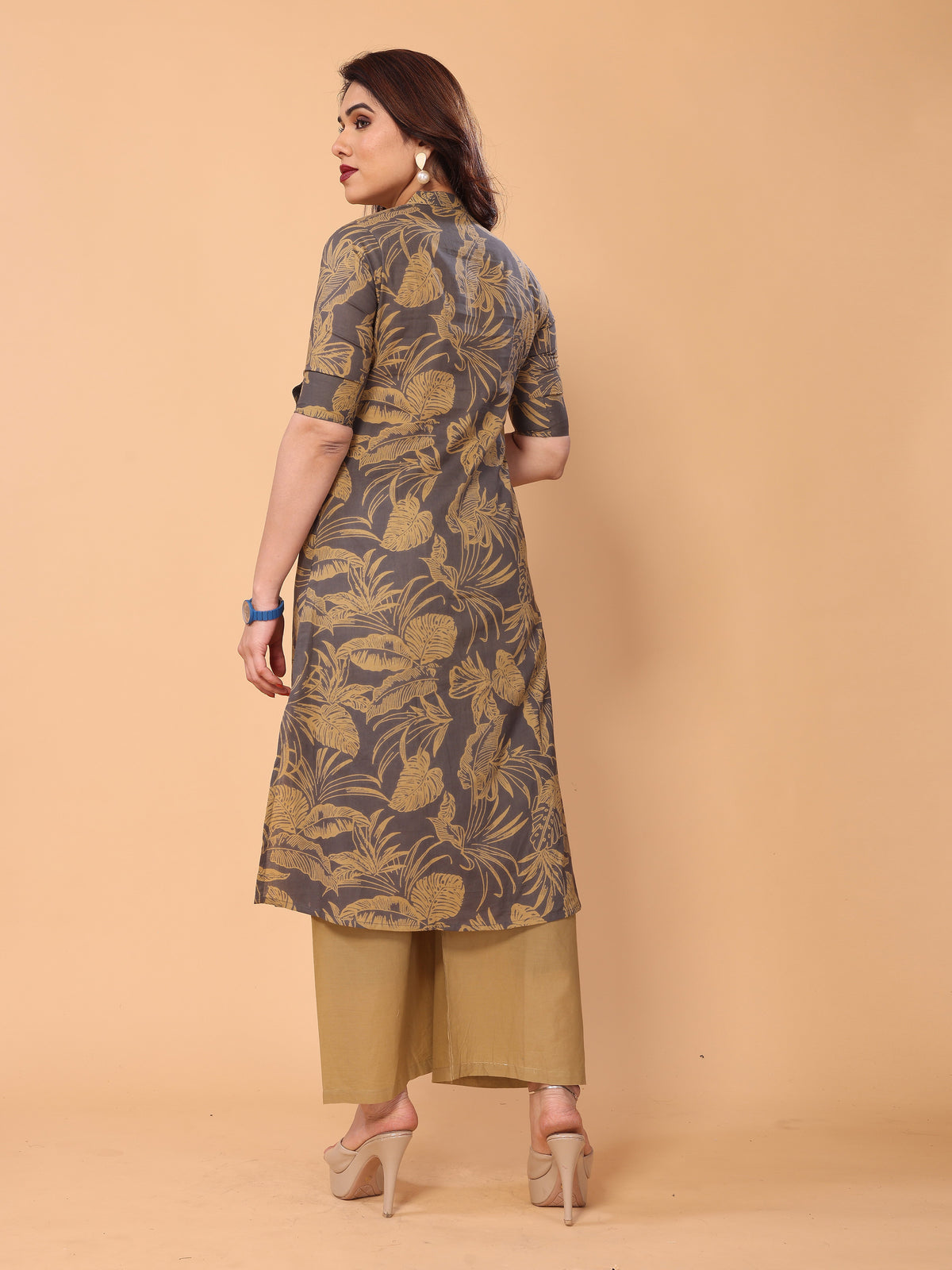 Grey Cotton Floral Printed Kurta Palazzo Set