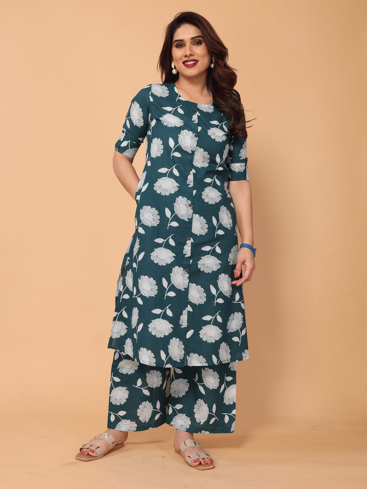 Cyan Blue Cotton Floral Printed Kurta Palazzo Set