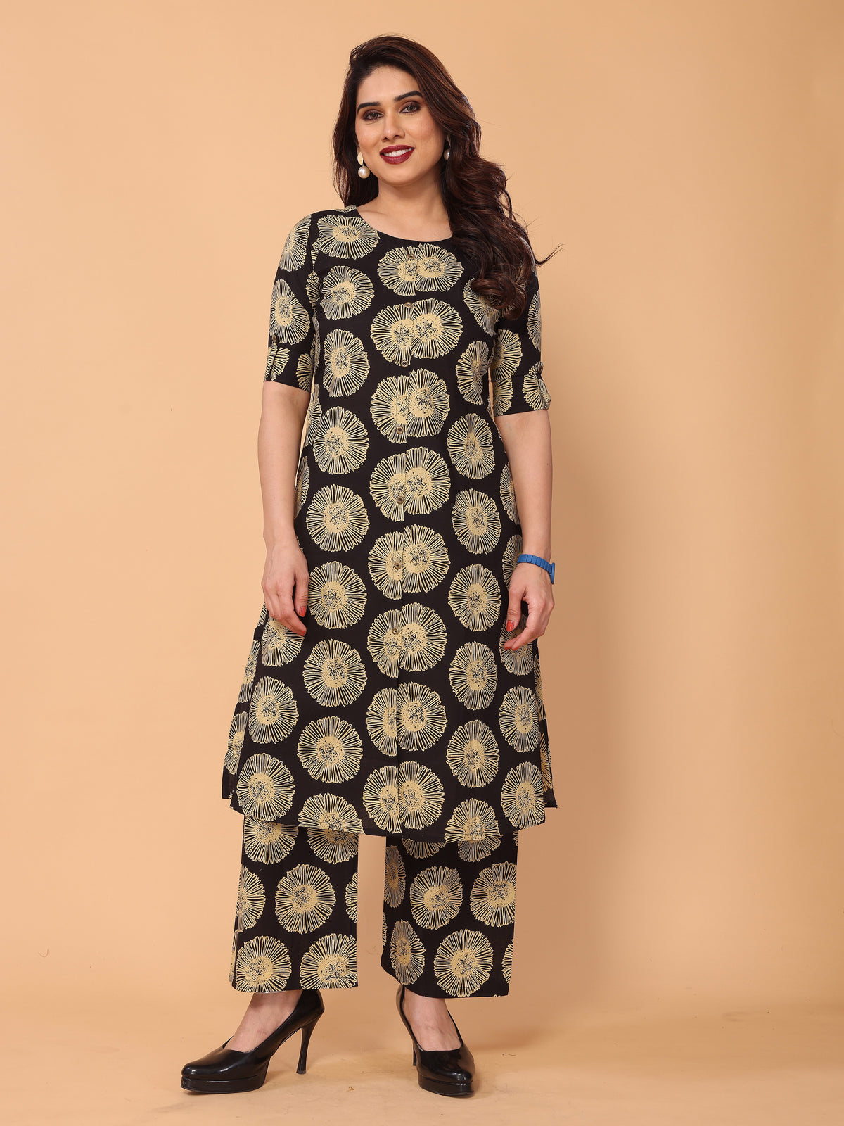 Black Floral Printed Kurta Palazzo Set in Cotton