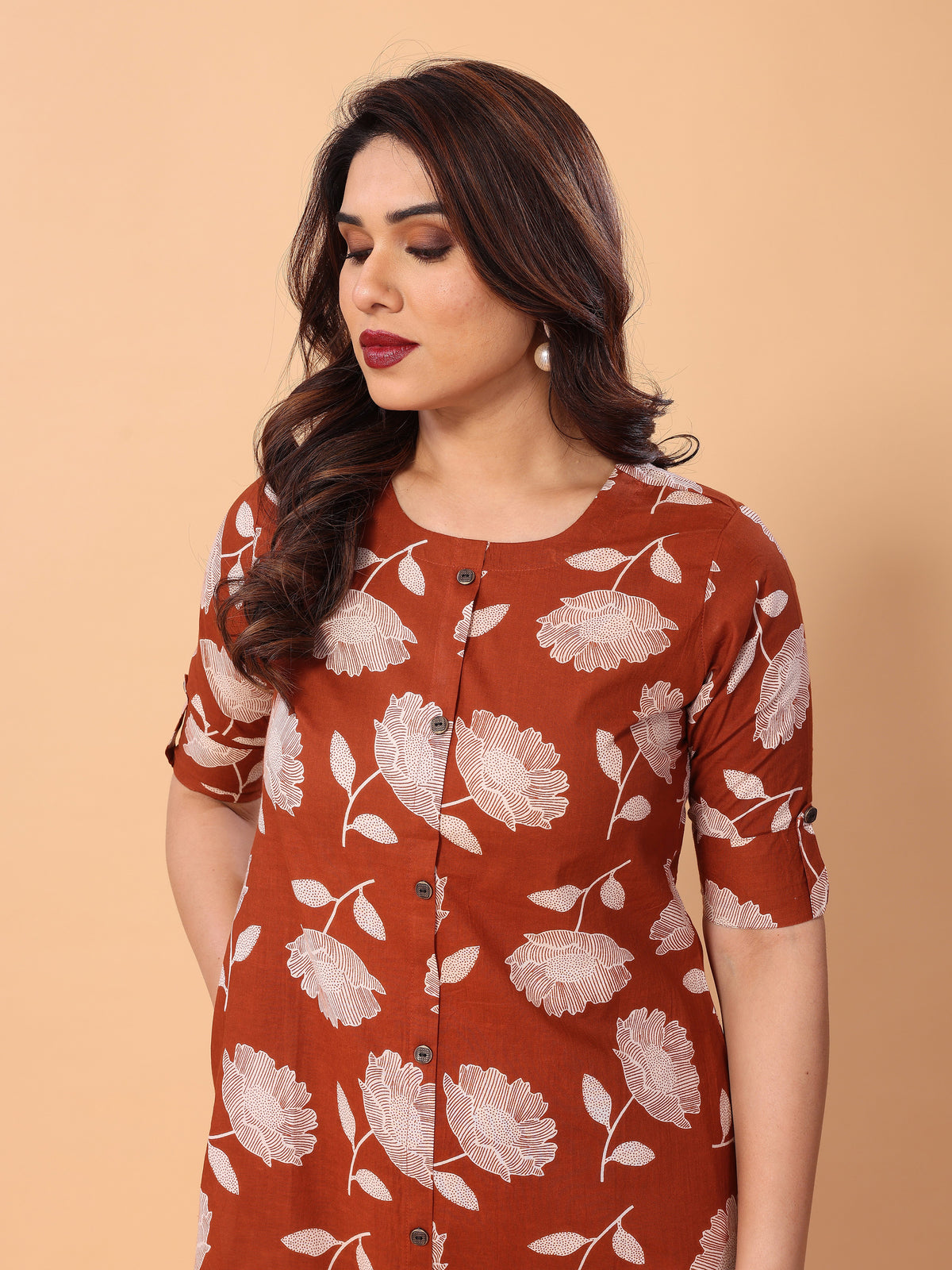 Brown Red Cotton Floral Printed Kurta Palazzo Set