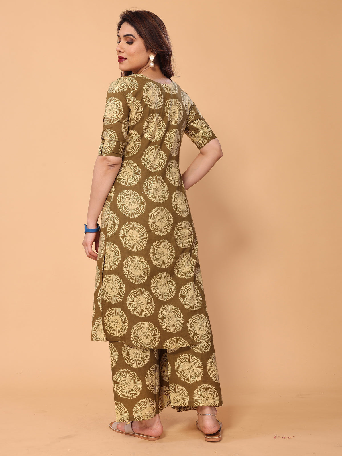 Brown Floral Printed Kurta Palazzo Set in Cotton