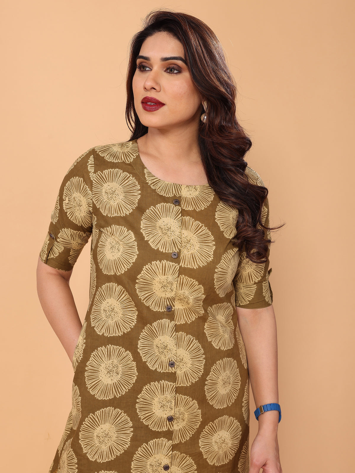 Brown Floral Printed Kurta Palazzo Set in Cotton