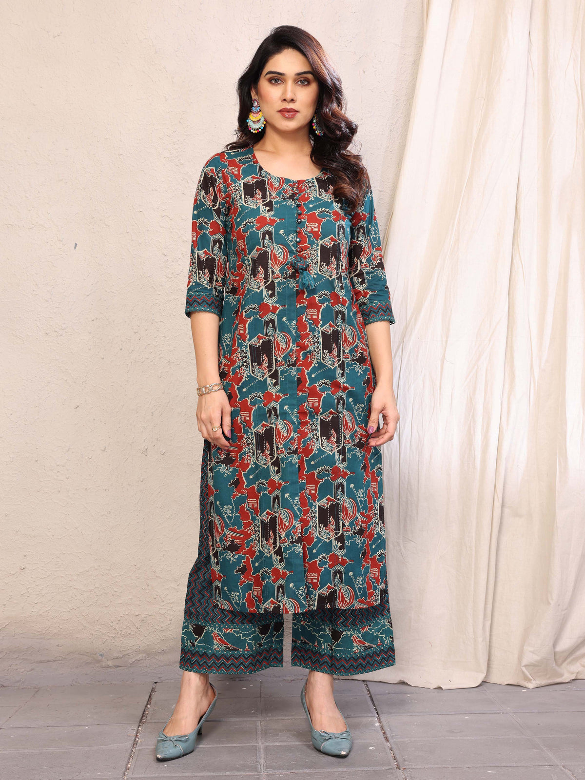 Cyan Blue Abstract Printed Three Quarter Sleeves Cotton Kurta with Palazzo