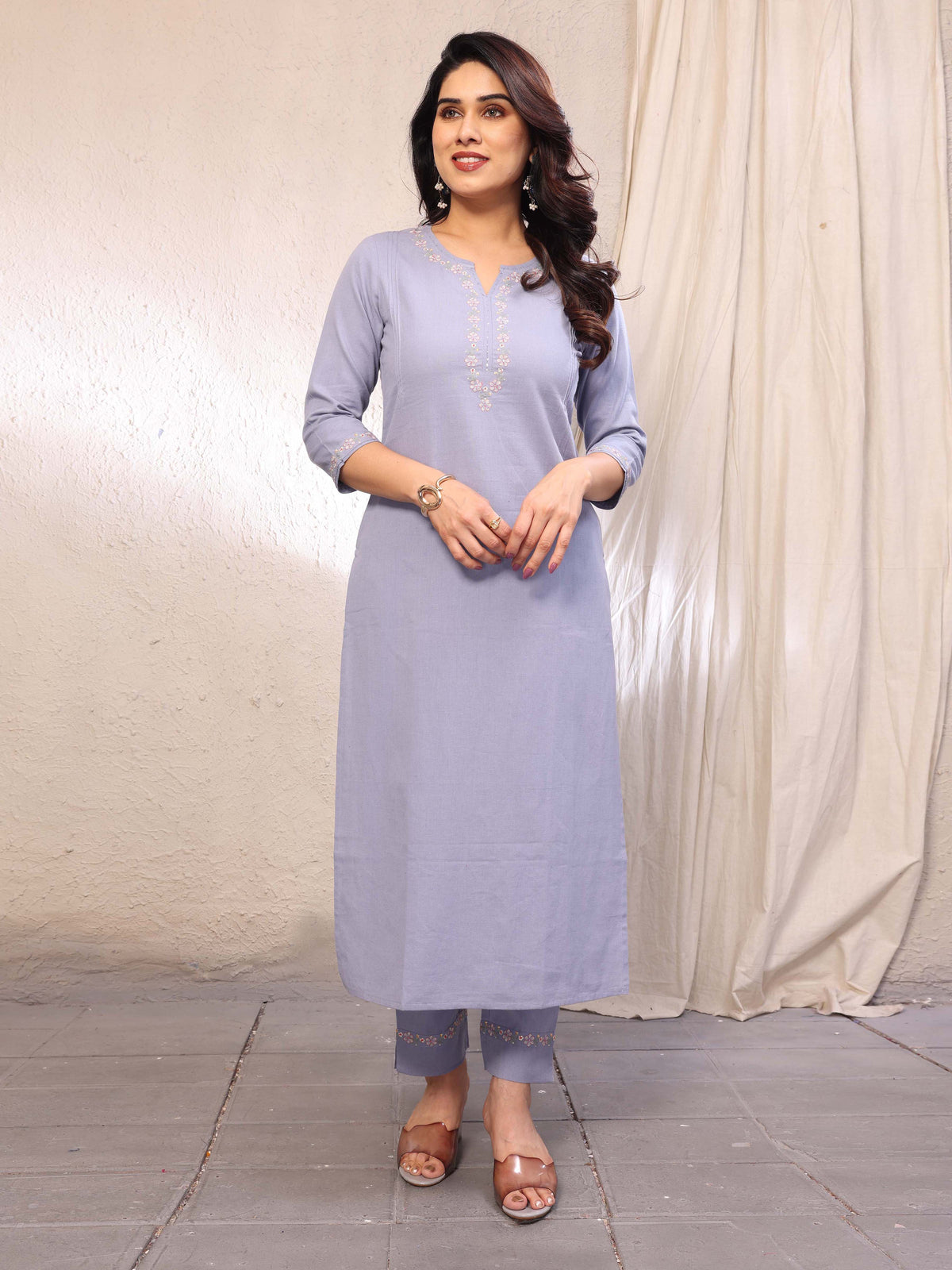 Light Blue Floral Embroidery Three Quarter Sleeves Cotton Kurta Pant Set