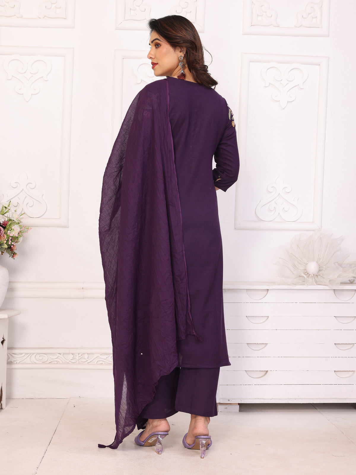 Purple Floral Embroidered Straight Kurta Pant & Dupatta Set