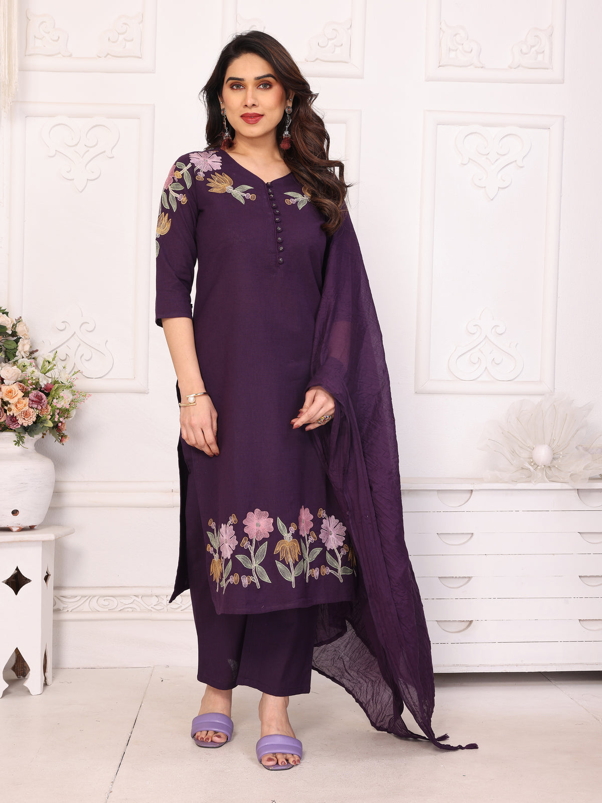 Purple Floral Embroidered Straight Kurta Pant & Dupatta Set
