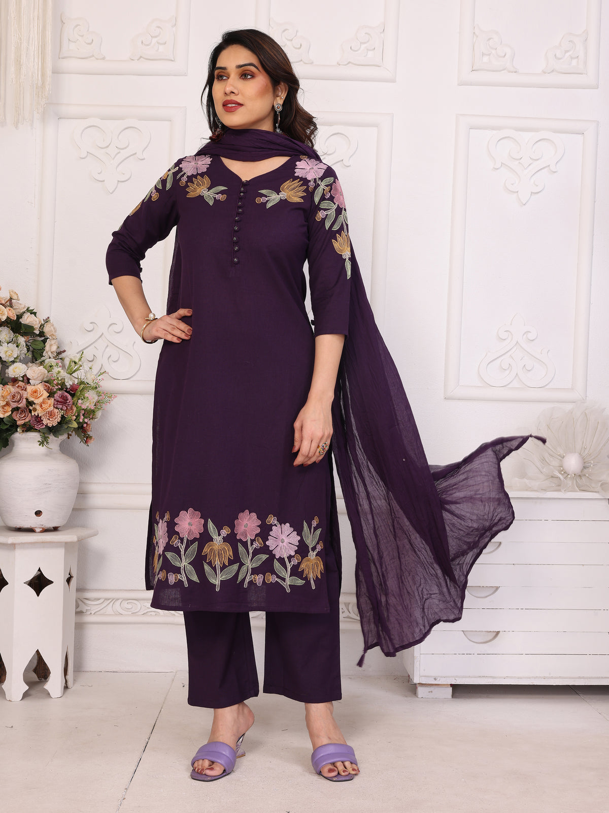 Purple Floral Embroidered Straight Kurta Pant & Dupatta Set