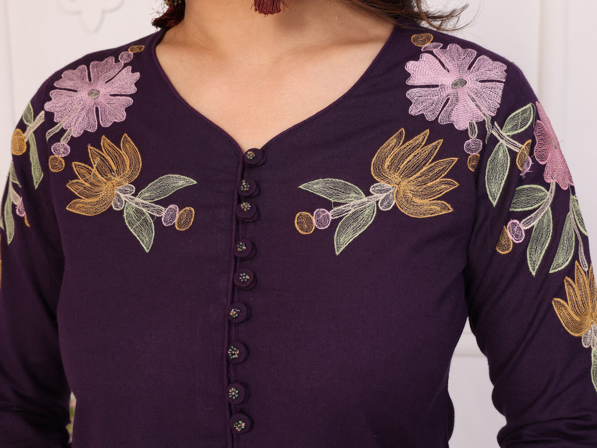 Purple Floral Embroidered Straight Kurta Pant & Dupatta Set