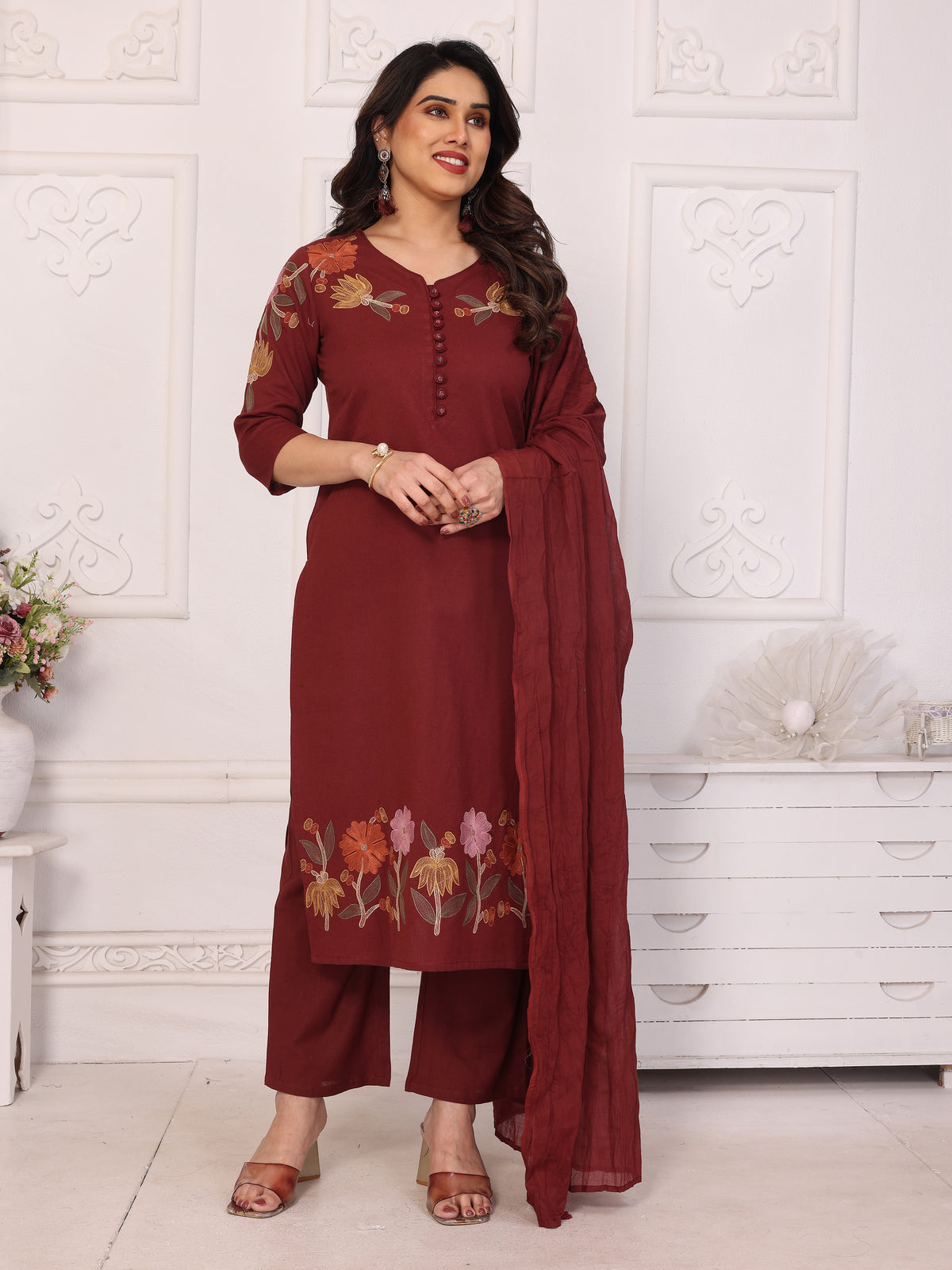 Maroon Floral Embroidered Straight Kurta Pant & Dupatta Set