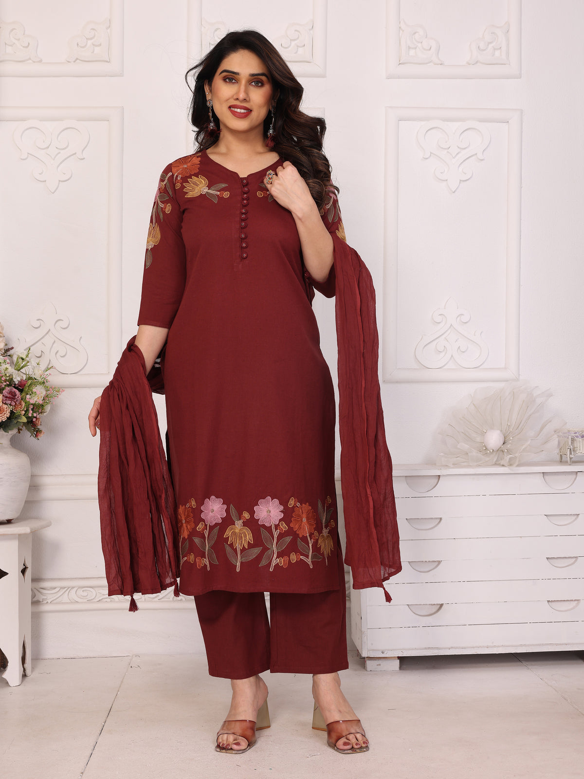 Maroon Floral Embroidered Straight Kurta Pant & Dupatta Set