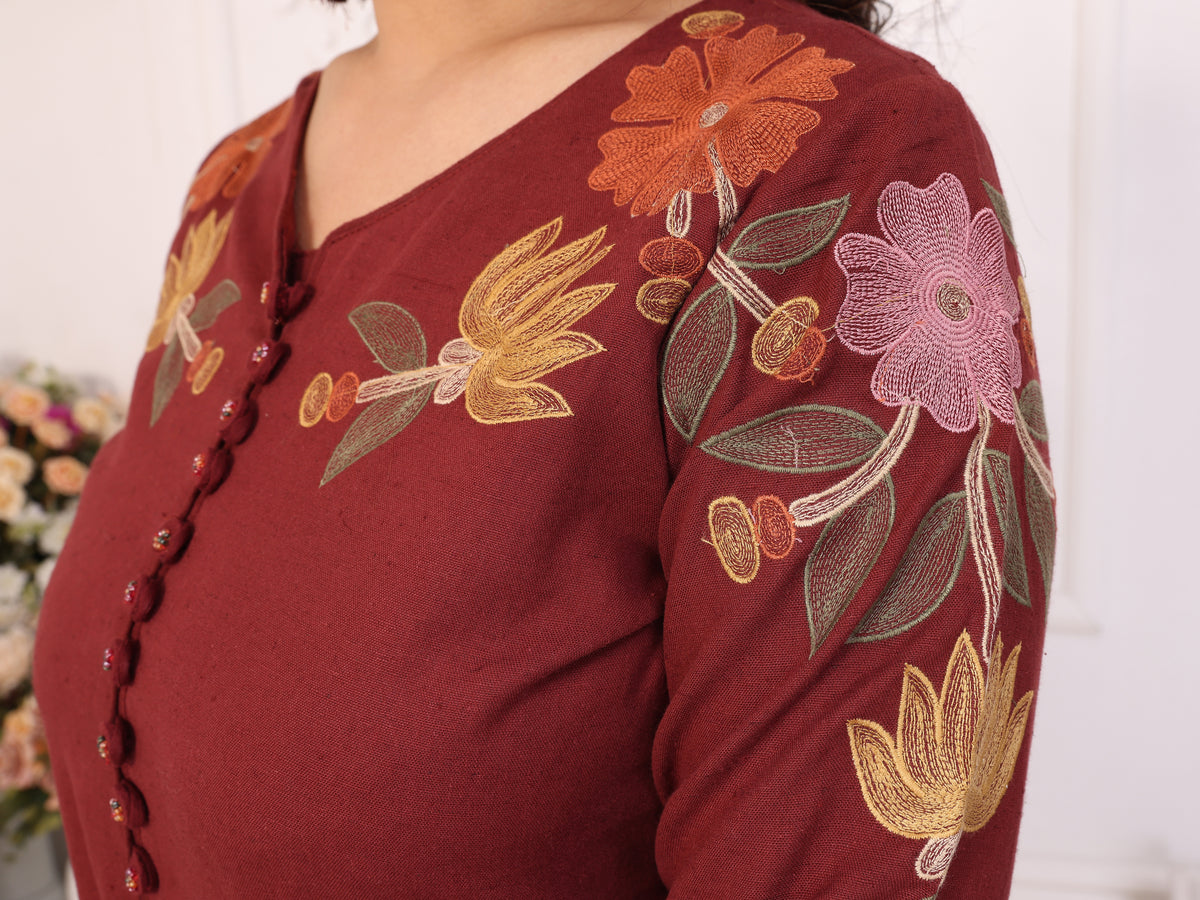 Maroon Floral Embroidered Straight Kurta Pant & Dupatta Set