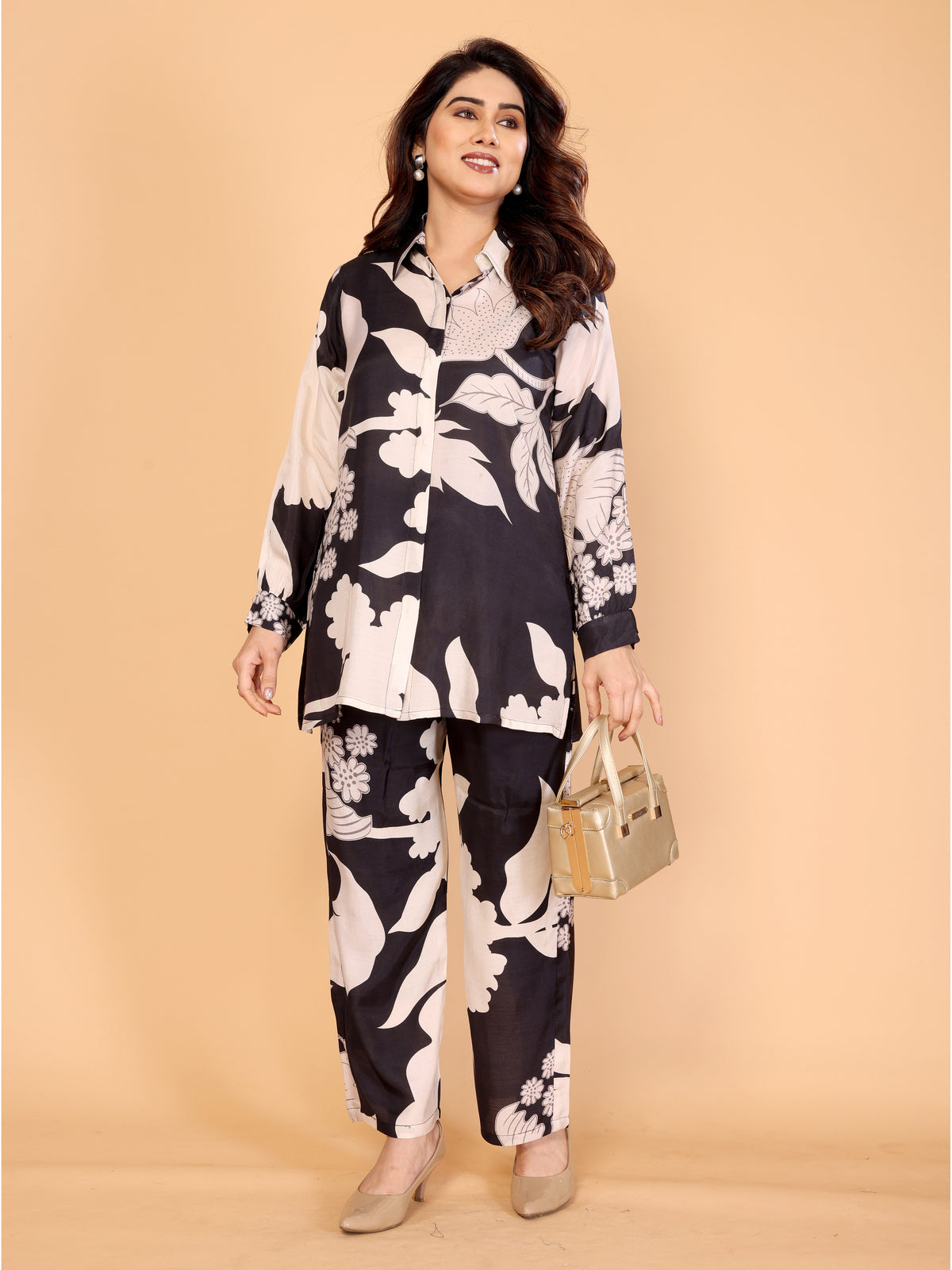 Black & Beige Floral Co-Ord Set – Shirt & Pants