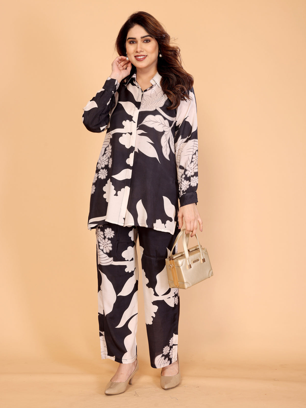 Black & Beige Floral Co-Ord Set – Shirt & Pants