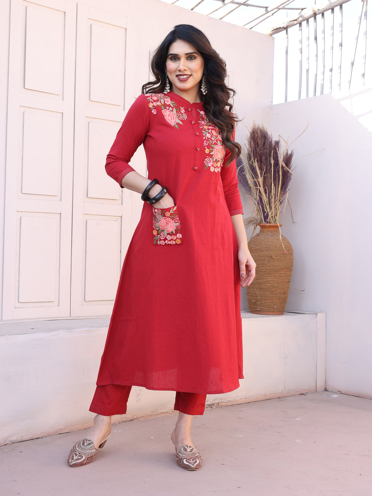 Red Floral Embroidery Straight Kurta with Trousers