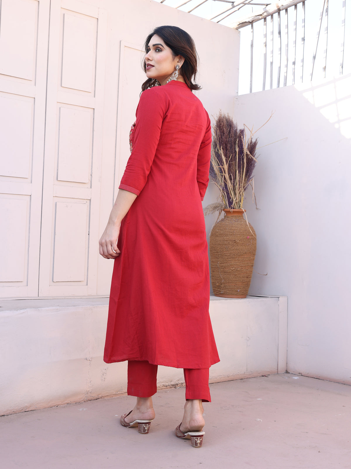 Red Floral Embroidery Straight Kurta with Trousers